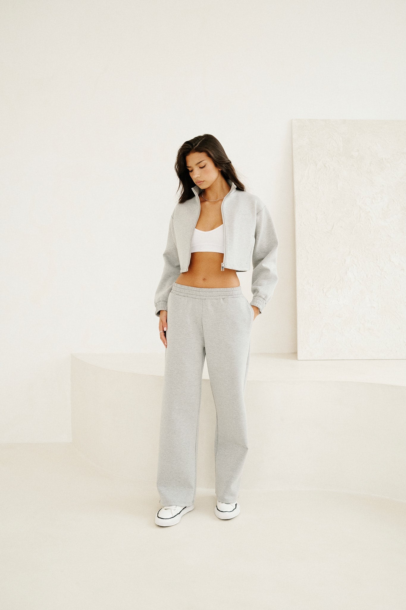 Scuba Funnel Neck Crop Jacket & Jogger - Grey